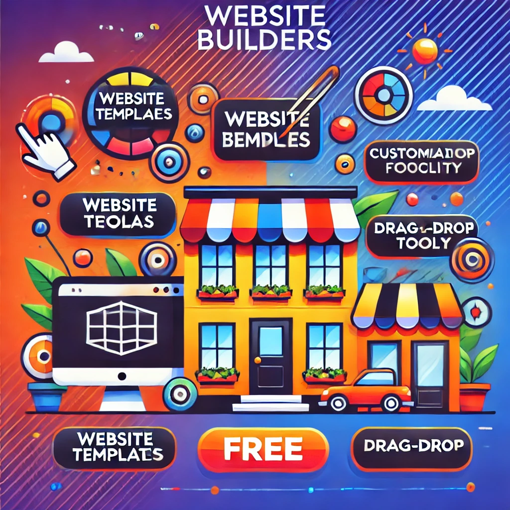 Illustration showcasing free website builders with small business elements like templates, customization tools, and storefronts.