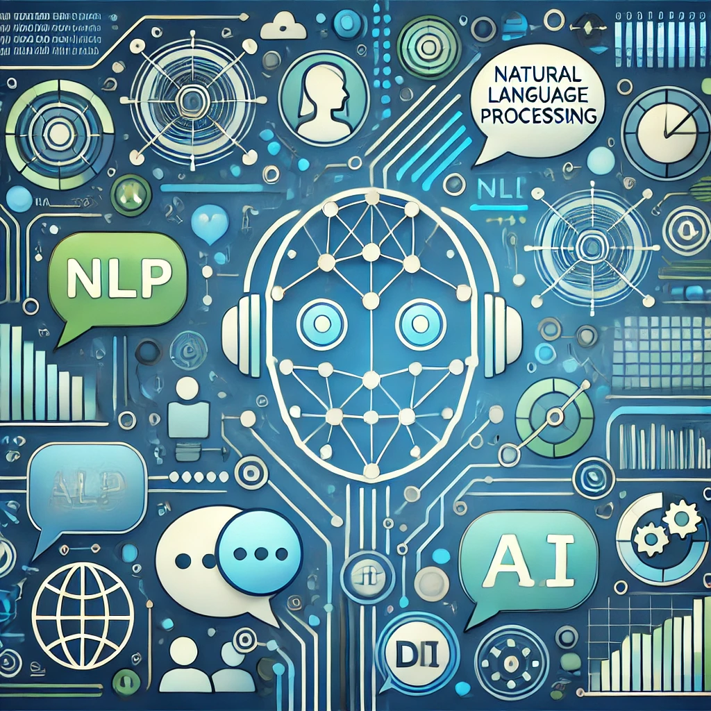 Illustration of NLP for chatbots, featuring icons of language data, chat bubbles, and AI processing elements to visualize how chatbots interpret and respond to human language.