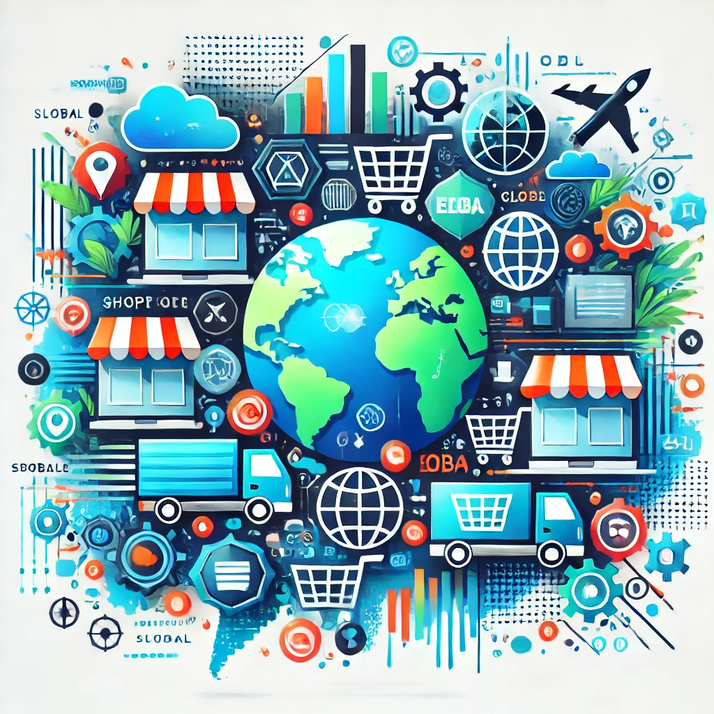 Illustration of top e-commerce stores globally, featuring shopping carts, global maps, and storefront icons representing various platforms.