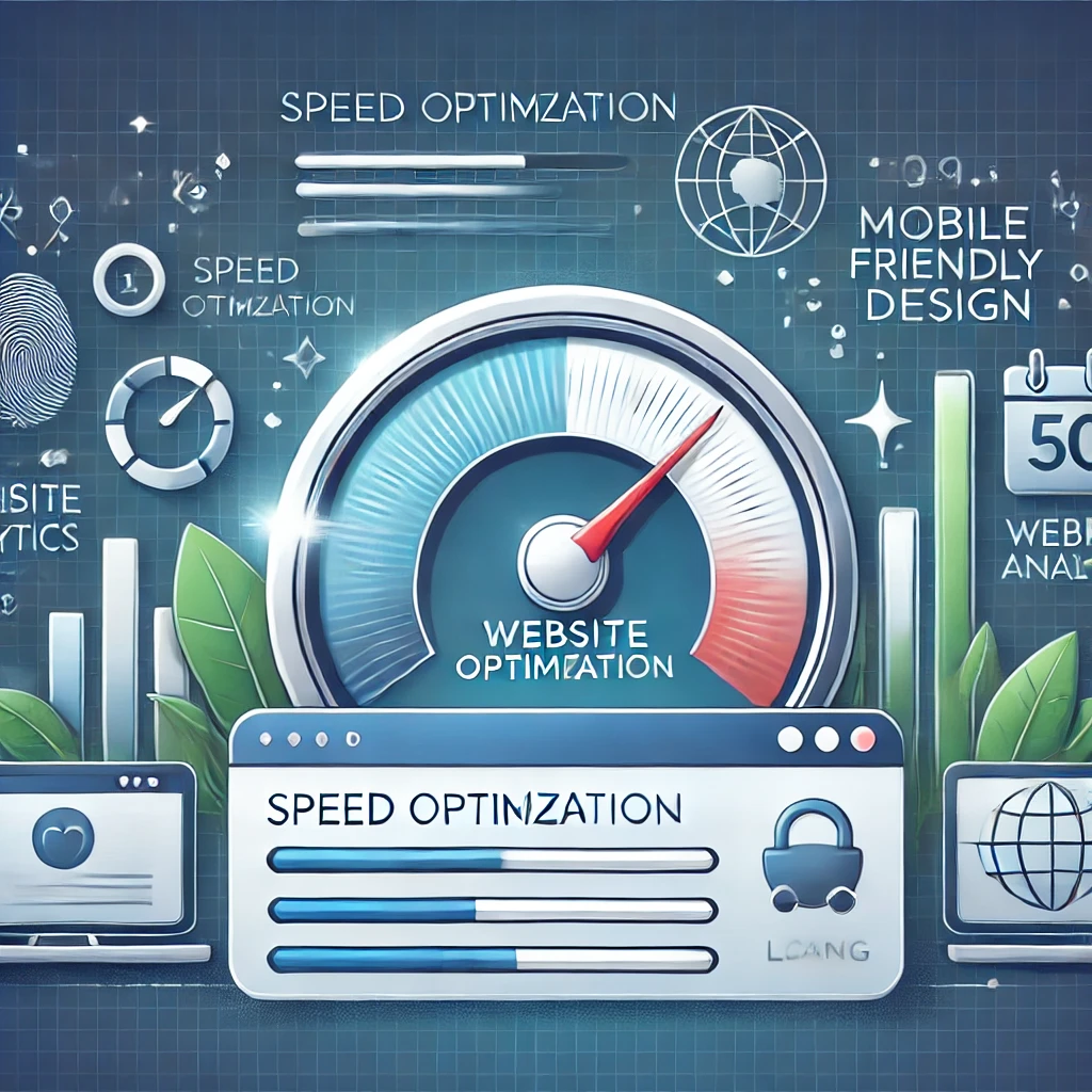 Illustration of website analysis and optimization tools with speedometers, loading bars, and mobile-friendly icons.